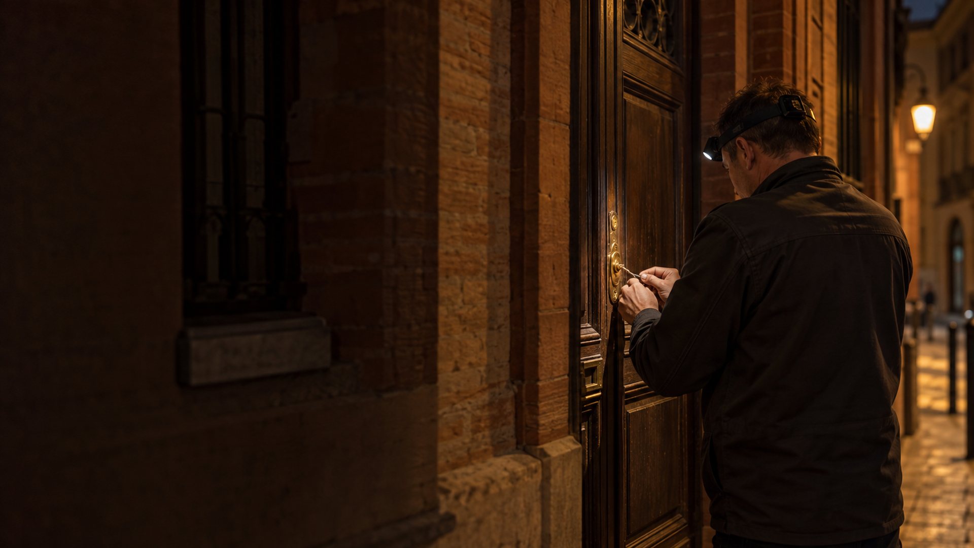 Illustration : un artisan serrurier travaille sur une porte en bois, sous la lumière chaude d’une rue toulousaine.