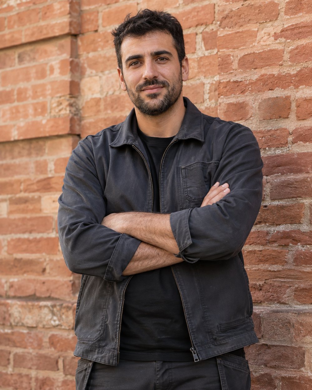 Portrait illustratif généré par IA d’un artisan anonyme en tenue sombre devant un mur de brique rose ; il ne représente pas Sami.