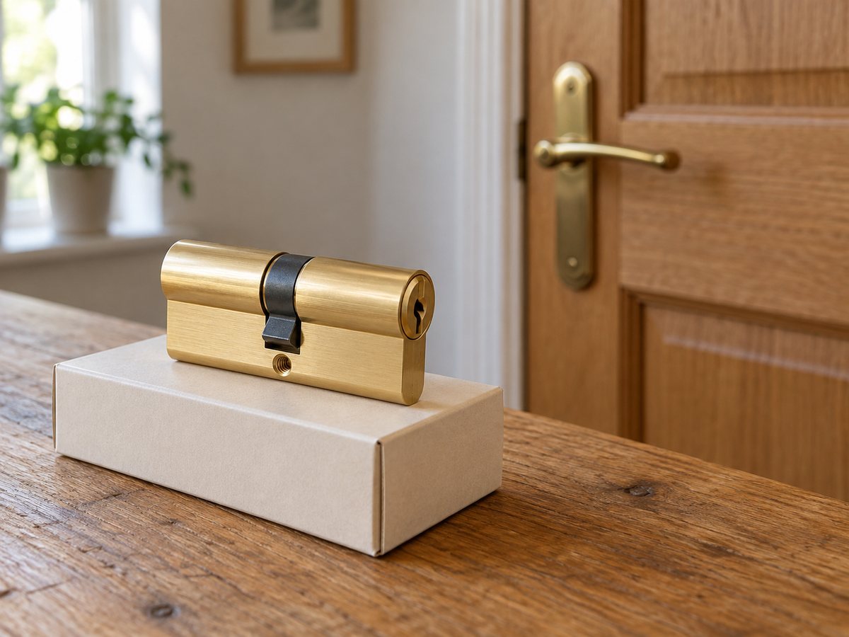 Un cylindre de serrure neuf en laiton présenté près d’une porte en bois.